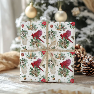 Papel De Presente Watercolor Red Bird e Winter Greenery Natal