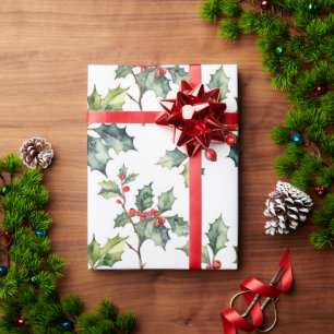 Papel De Presente Watercolor Red Holly Berry Art de Natal