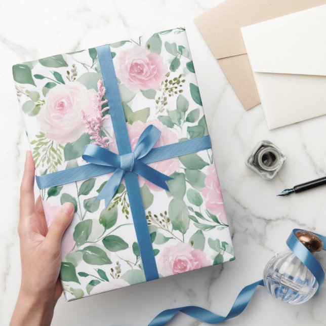 Papel De Presente Watercolor Soft Pink Roses Floral  (Presentear)
