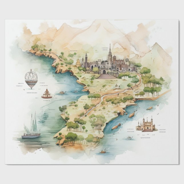 Papel De Presente Watercolor Travel Map (Aberto)