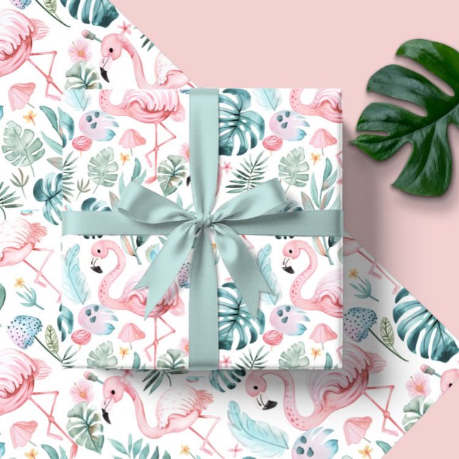 Papel De Presente Watercolor Tropical Flamingo Baby Shower (Criador carregado)