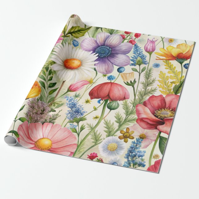 Papel De Presente Watercolor Wildflowers Seamless Decoupage Paper (Desenrolado)