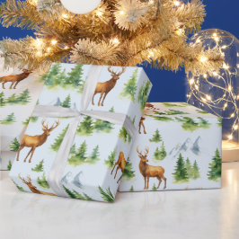 Papel De Presente Watercolor Winter Forest - Deer and Snowy Trees -