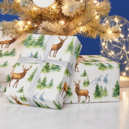 Papel De Presente Watercolor Winter Forest - Deer and Snowy Trees -
