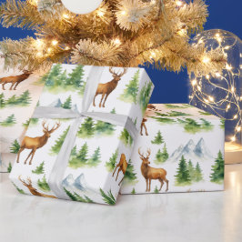 Papel De Presente Watercolor Winter Forest - Deer and Snowy Trees -