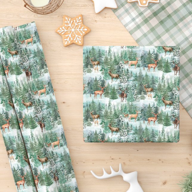 Papel De Presente Watercolor Winter Forest Deer Christmas (Criador carregado)