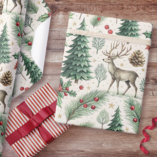 Papel De Presente Watercolor Winter Forest Deer Christmas (Criador carregado)
