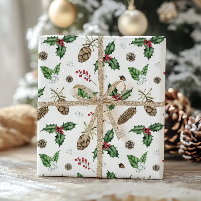 Papel De Presente Watercolor Winter Greenery e Berries Christmas (Criador carregado)