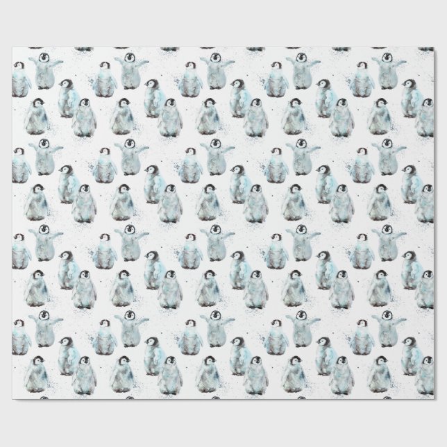 Papel De Presente Watercolor Winter Penguins Baby Shower (Aberto)