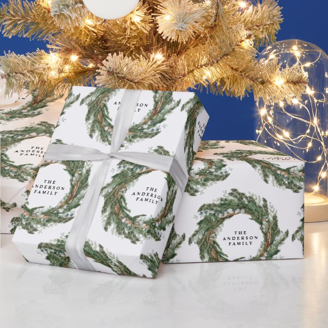 Papel De Presente Watercolor Wreath elegante inverno personalizado (Feriados)