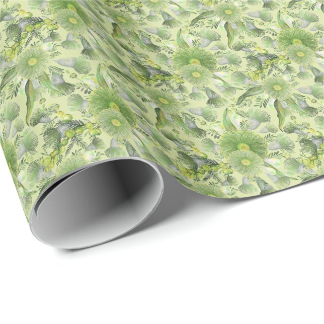 Papel De Presente Wattle Verde Feminina e Blooms do Eucalipto (Ponta do rolo)