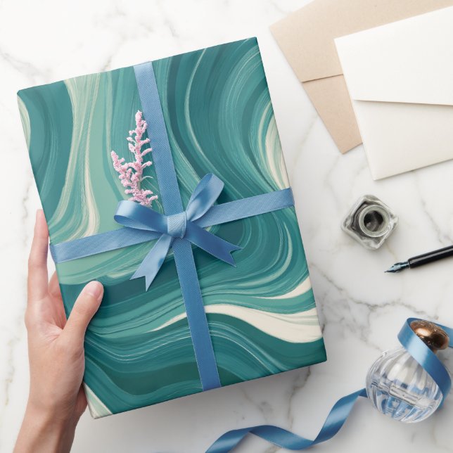Papel De Presente Wave Teal Aqua Motion White Abstract Pattern (Presentear)