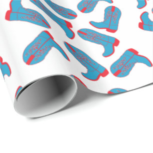 Papel De Presente Western Blue E Red Cowboy Boots Wrapting Presente