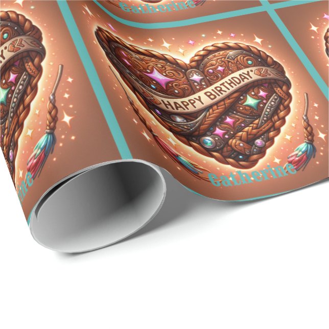 Papel De Presente Western Happy Birthday Leather Impressão Heart Per (Ponta do rolo)