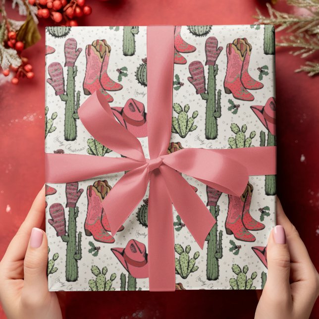 Papel De Presente Western Howdy Cowgirl (Hand-Drawn Western "Howdy Christmas" Pattern. Cowboy Boots, Hats, Cactus, Holly Berries & Stars.)