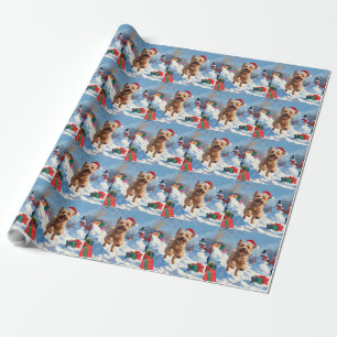 Papel De Presente Wheaten Terrier Correndo na Neve com Chapéu de Nat