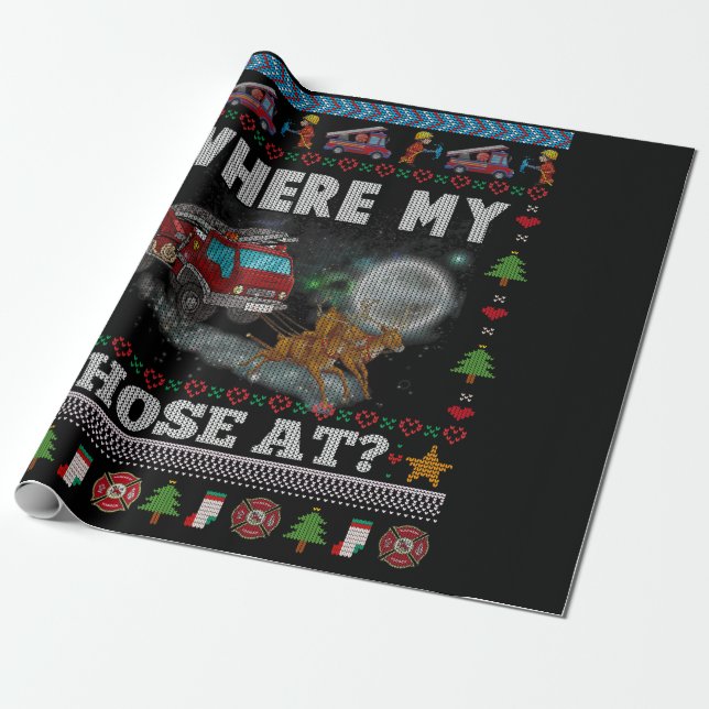 Papel De Presente WHERE MY HOSE FIREFIGHTER Ugly Christmas Sweater (Desenrolado)