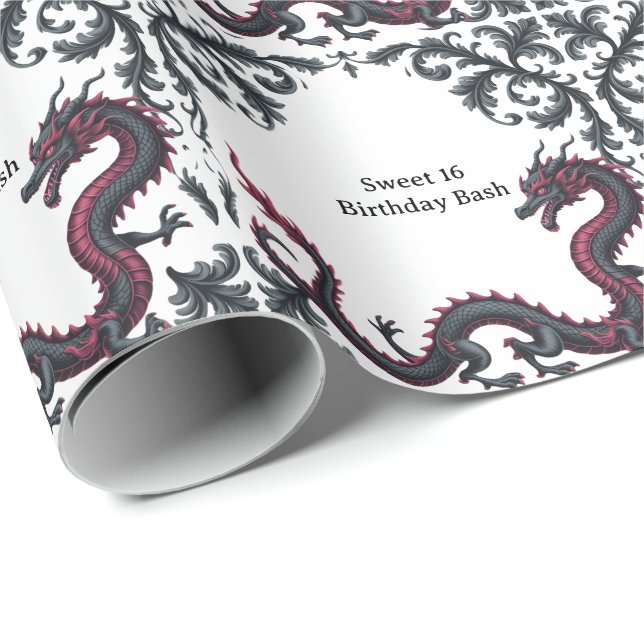 Papel De Presente Whimsical Black Red Dragon Damask Sweet 16 Bash (Ponta do rolo)