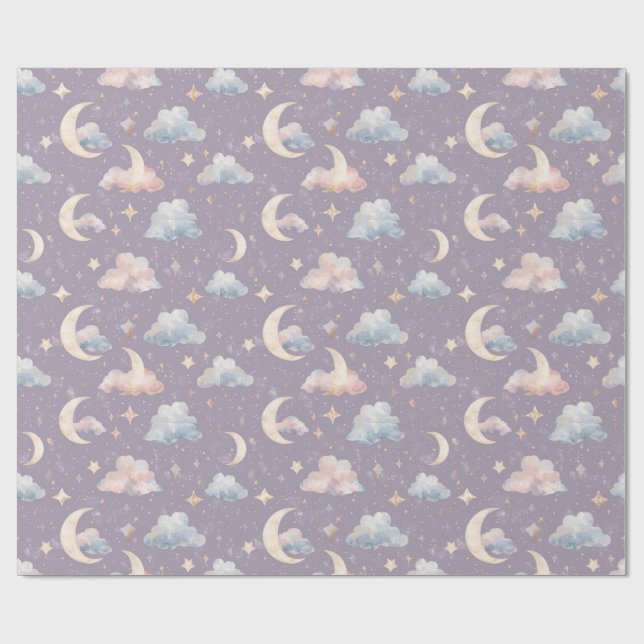 Papel De Presente Whimsical Celestial Watercolor Moon Stars Clouds (Aberto)