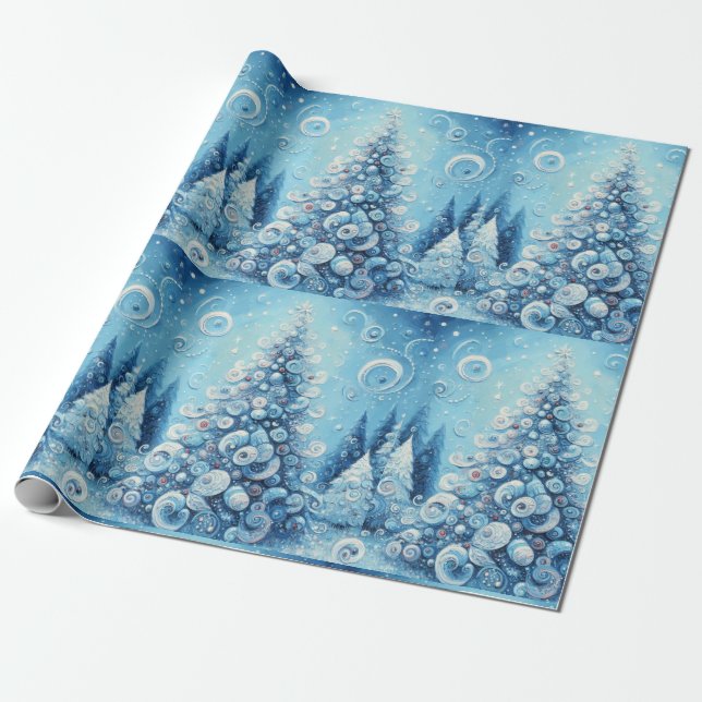 Papel De Presente Whimsical Christmas Tree Blue Decoupage (Desenrolado)