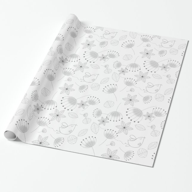 Papel De Presente Whimsical Cute Floral and Bird Pattern on White (Desenrolado)
