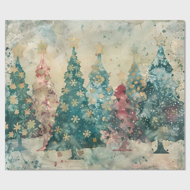 Papel De Presente Whimsical Green and Red Trees with a touch of Gold (Aberto)