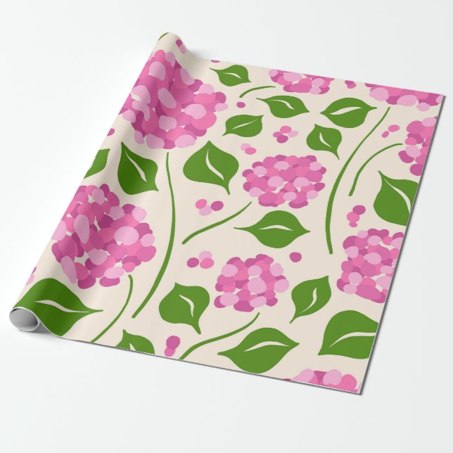 Papel De Presente Whimsical Hand-Drawn Pink Hydrangea Botanical (Desenrolado)
