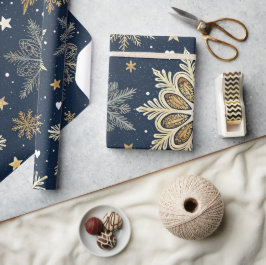 Papel De Presente Whimsical Modern Navy Gold Snowflakes & Hearts