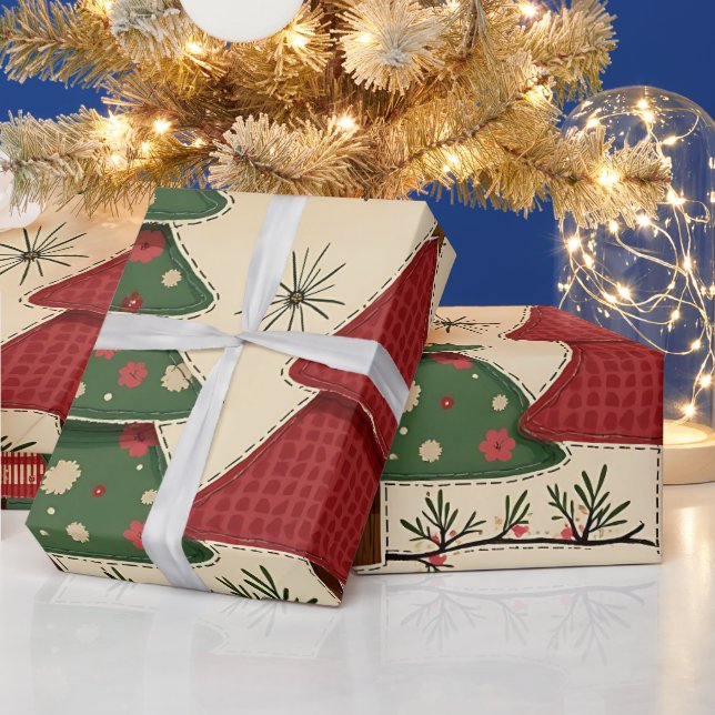 Papel De Presente Whimsical Modern Red & Green Christmas Floral  (Feriados)