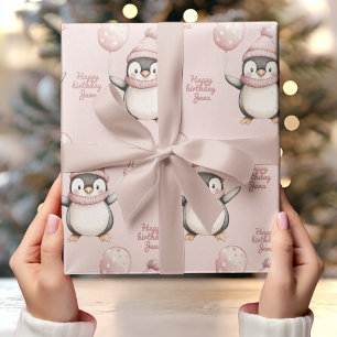 Papel De Presente Whimsical Penguin Birthday   Vintage Pink