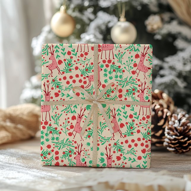 Papel De Presente Whimsical Pink Reindeer and Winter Foliage Pattern (Criador carregado)