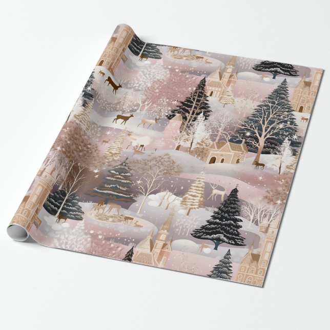 Papel De Presente Whimsical Pink Winter Landscape (8) (Desenrolado)