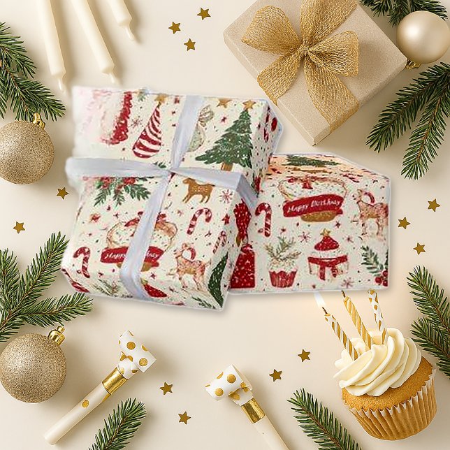 Papel De Presente Whimsical Red Birthday Christmas (Criador carregado)