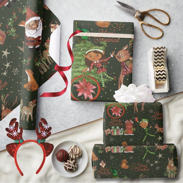 Papel De Presente Whimsical Santa Elf & Friends Christmas Green (Whimsical Santa Elf & Friends Christmas Green Wrapping Paper)