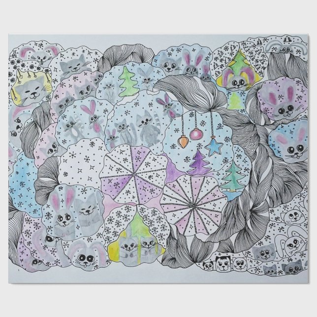 Papel De Presente "Whimsical Winter Forest" Artistic Hand-Drawn Gift (Aberto)
