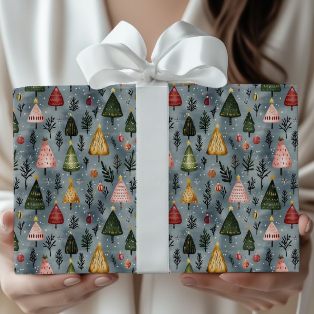Papel De Presente Whimsical Winter Forest Christmas Tree Pattern (Criador carregado)