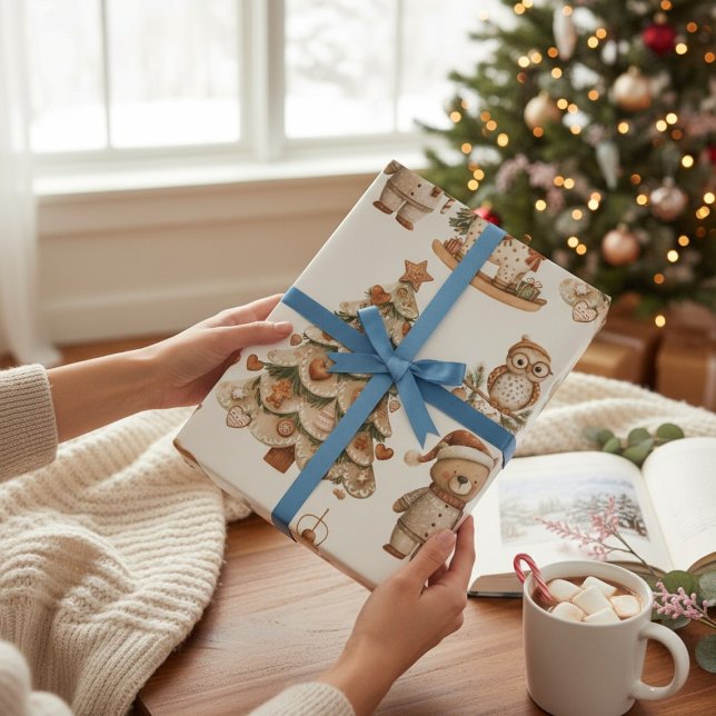 Papel De Presente Whimsical Woodland Christmas Bears and Horses  (Criador carregado)