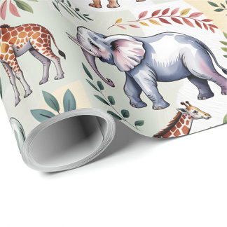 Papel De Presente Whimsical wrapping paper featuring elephants, lion
