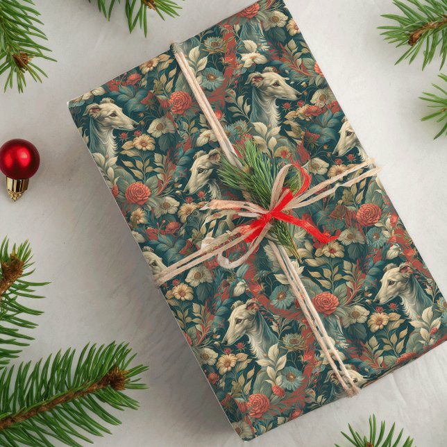Papel De Presente Whippet Branco ou Iggie William Morris Estilo Flor (Criador carregado)