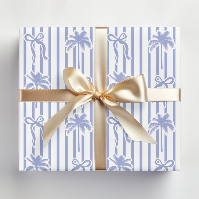 Papel De Presente White Blue Coastal Palm Trees Bows Stripes Pattern (In situ)