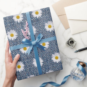 Papel De Presente White Daisies em Denim
