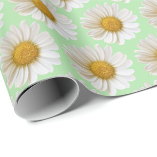 Papel De Presente White Daisies Padrão Light Sage Green
