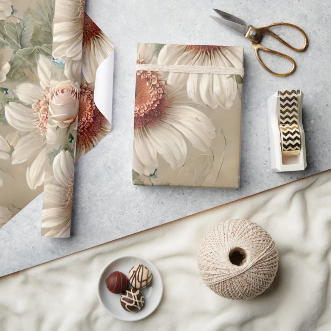 Papel De Presente White Floral Elegant Daisies (Artesanato)