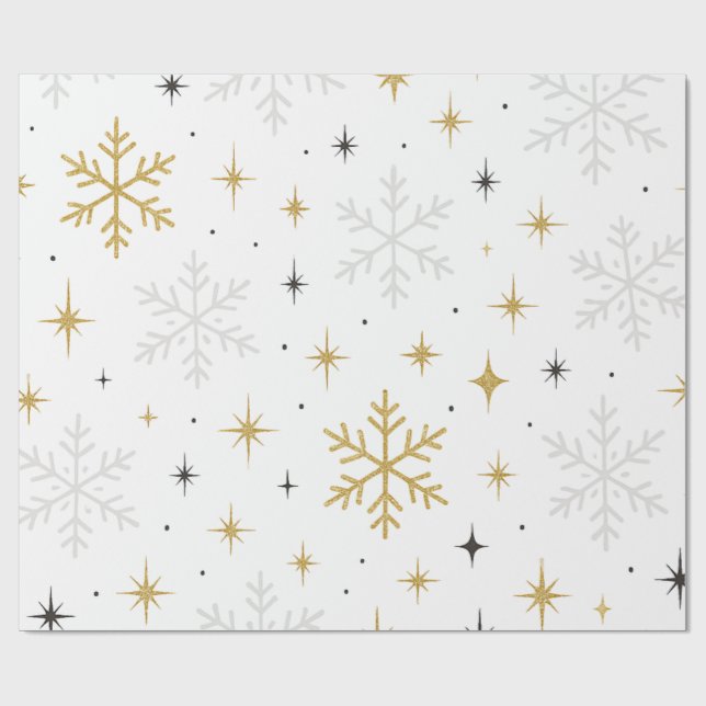 Papel De Presente White & Gold Snowflake Sparkle Wrapping Paper  (Aberto)