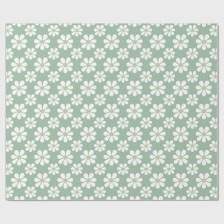Papel De Presente White Green Daisy Pattern 