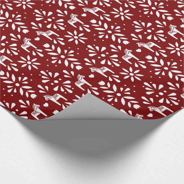 Papel De Presente White on Dark Red Dala Horse Christmas (Ponta)
