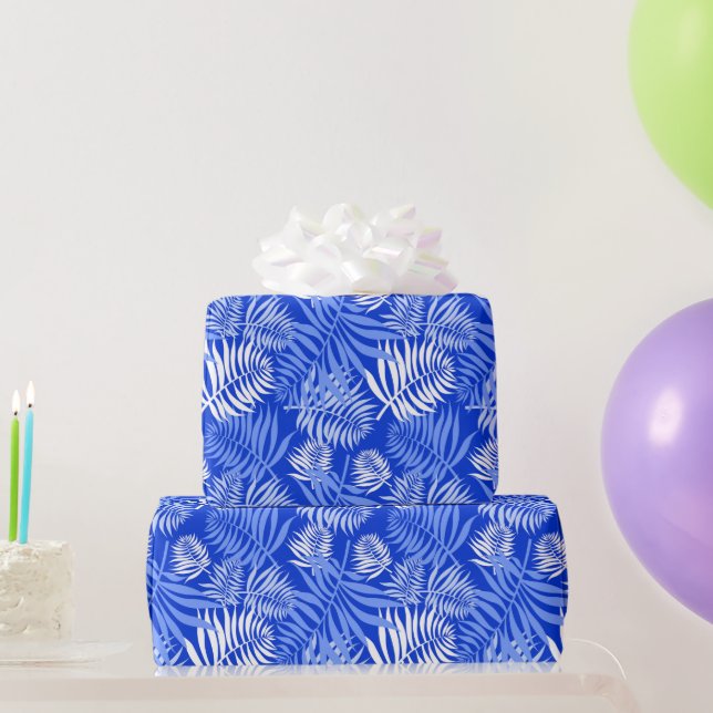 Papel De Presente White Palm Frond em Blue Wrappaper (Presentes para festas)