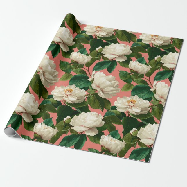Papel De Presente White Peonies on pechy background pattern (Desenrolado)