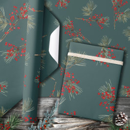 Papel De Presente White Pine Branch Red Ilex Berries Slate Green