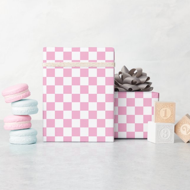Papel De Presente White & Pink Checkerboard Wrapping Paper Roll (Chá de bebê)